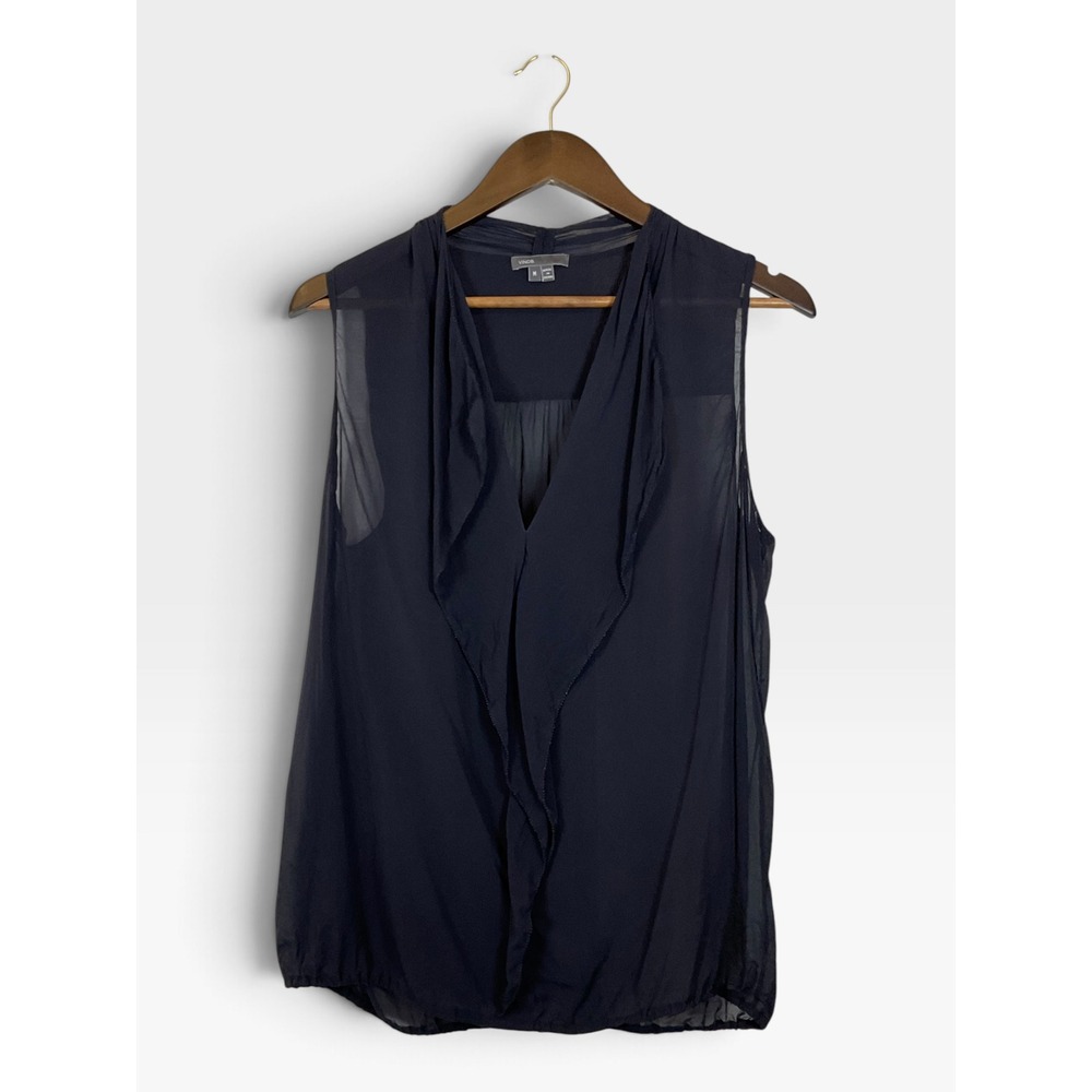 Vince Draped Ruffle Front Shell | Silk Blouse | M | Navy | Sheer Back Panel